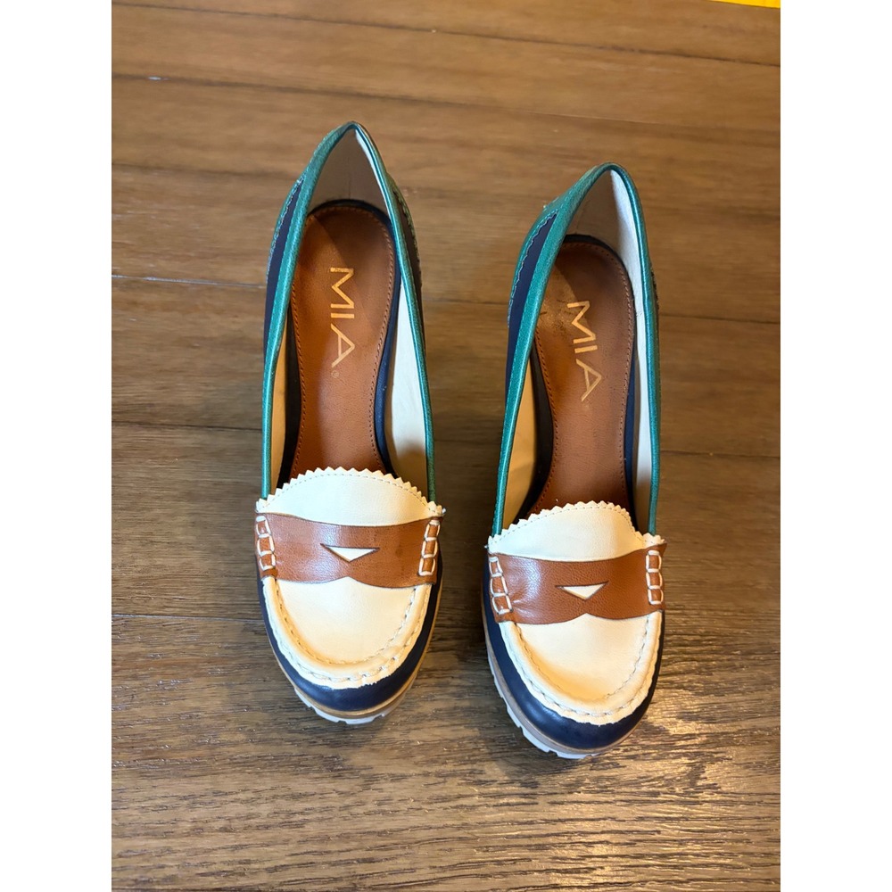 MIA Platform Loafer Heels Womens 6.5 Multi Color Block Lug Sole Penny Pumps